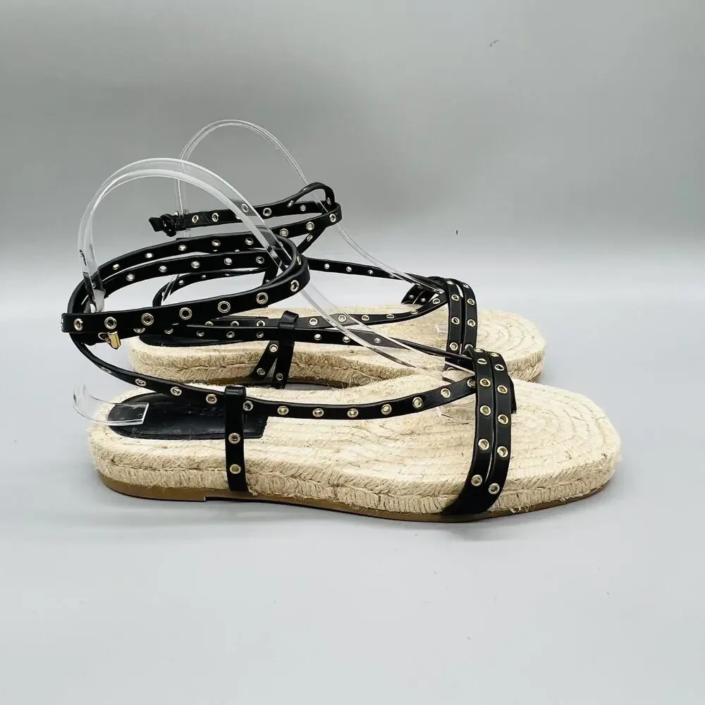 Madewell Sandals Womens 8 Black Leather Studded Strappy Thong Espadrille Shoes